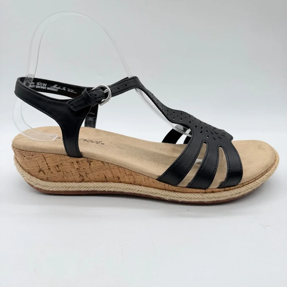 Easy Street Women Black Laser Cut Wedge Espadrille Sandals 31-6731 Size 9.5 W